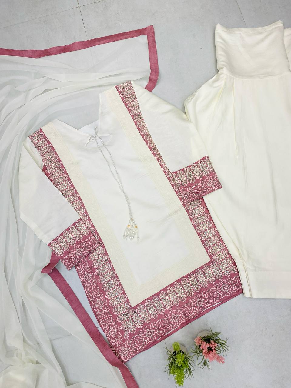 TRENDING ROMAN SILK KURTA AND FARSHI SALWAAR SET WITH EMBROIDERED GEORGETTE DUPATTA