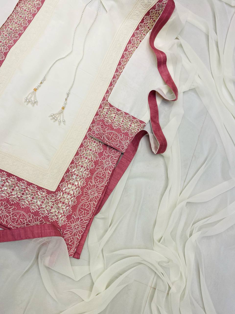 TRENDING ROMAN SILK KURTA AND FARSHI SALWAAR SET WITH EMBROIDERED GEORGETTE DUPATTA