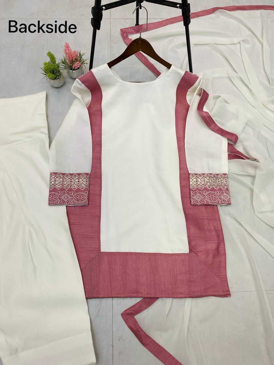TRENDING ROMAN SILK KURTA AND FARSHI SALWAAR SET WITH EMBROIDERED GEORGETTE DUPATTA