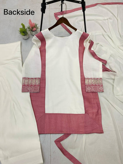 TRENDING ROMAN SILK KURTA AND FARSHI SALWAAR SET WITH EMBROIDERED GEORGETTE DUPATTA