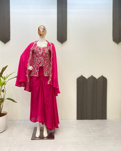 NEW THREE-PIECE INDO-WESTERN READY-TO-WEAR DHOTI SET WITH LONG BLOUSE & EMBROIDERED KOTI