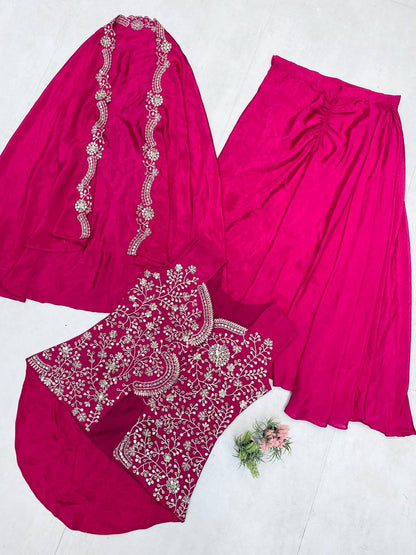 NEW THREE-PIECE INDO-WESTERN READY-TO-WEAR DHOTI SET WITH LONG BLOUSE & EMBROIDERED KOTI