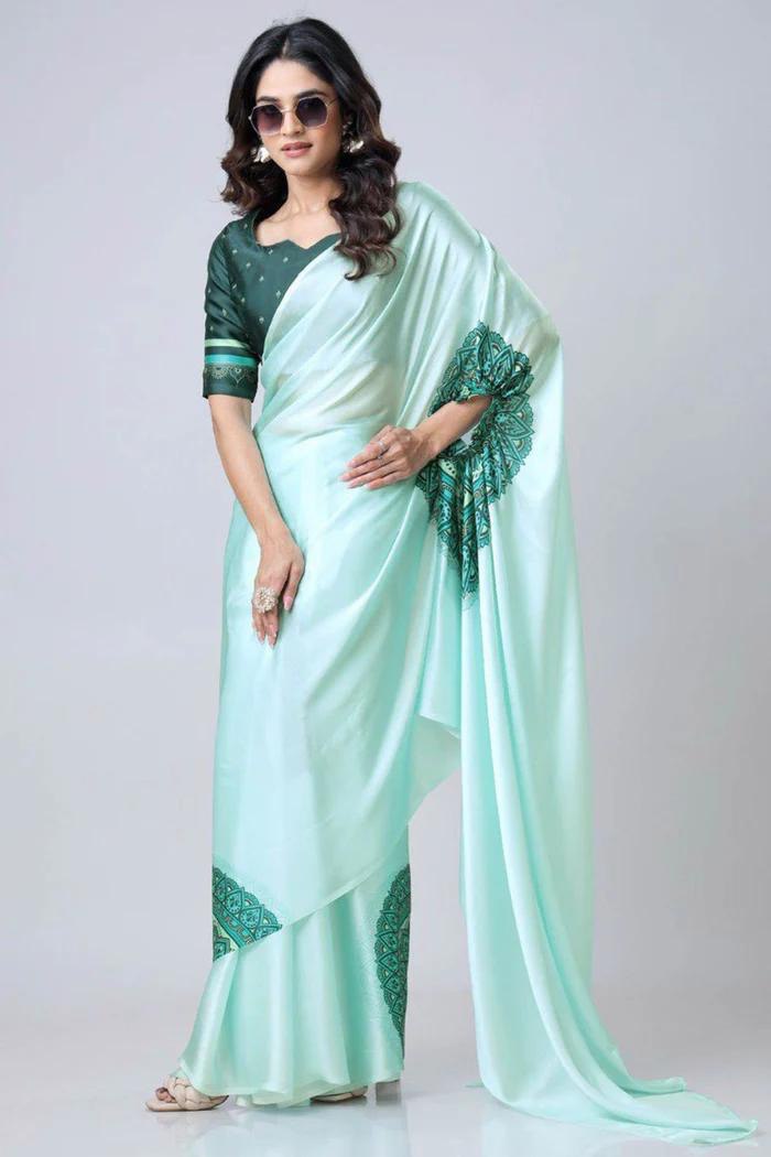 READY-TO-WEAR JAPAN SATIN PRINTED SAREE – MODERN, ELEGANT & AFFORDABLE