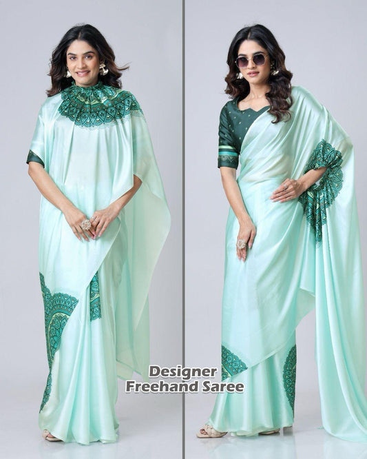 READY-TO-WEAR JAPAN SATIN PRINTED SAREE – MODERN, ELEGANT & AFFORDABLE
