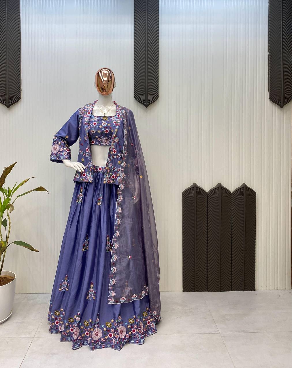 DESIGNER WESTERN STYLE CHINON CO-ORD SET WITH MULTI-THREAD SEQUINS BLAZER, TUBE CHOLI, HEAVY FLAIR SHARARA & DUPATTA