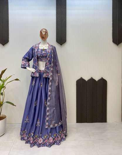 DESIGNER WESTERN STYLE CHINON CO-ORD SET WITH MULTI-THREAD SEQUINS BLAZER, TUBE CHOLI, HEAVY FLAIR SHARARA & DUPATTA