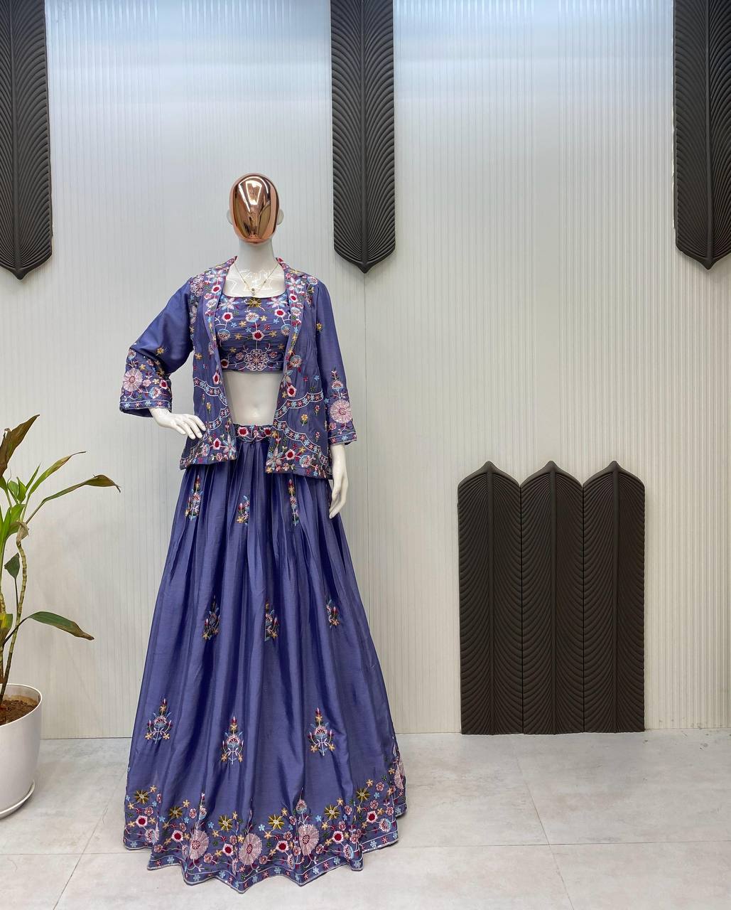 DESIGNER WESTERN STYLE CHINON CO-ORD SET WITH MULTI-THREAD SEQUINS BLAZER, TUBE CHOLI, HEAVY FLAIR SHARARA & DUPATTA
