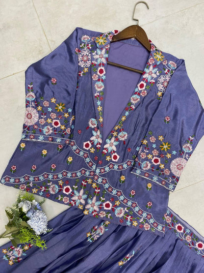 DESIGNER WESTERN STYLE CHINON CO-ORD SET WITH MULTI-THREAD SEQUINS BLAZER, TUBE CHOLI, HEAVY FLAIR SHARARA & DUPATTA