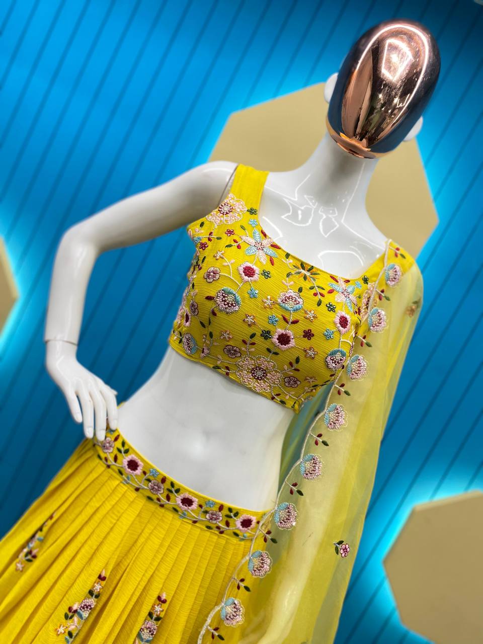 DESIGNER WESTERN STYLE CHINON CO-ORD SET WITH MULTI-THREAD SEQUINS BLAZER, TUBE CHOLI, HEAVY FLAIR SHARARA & DUPATTA