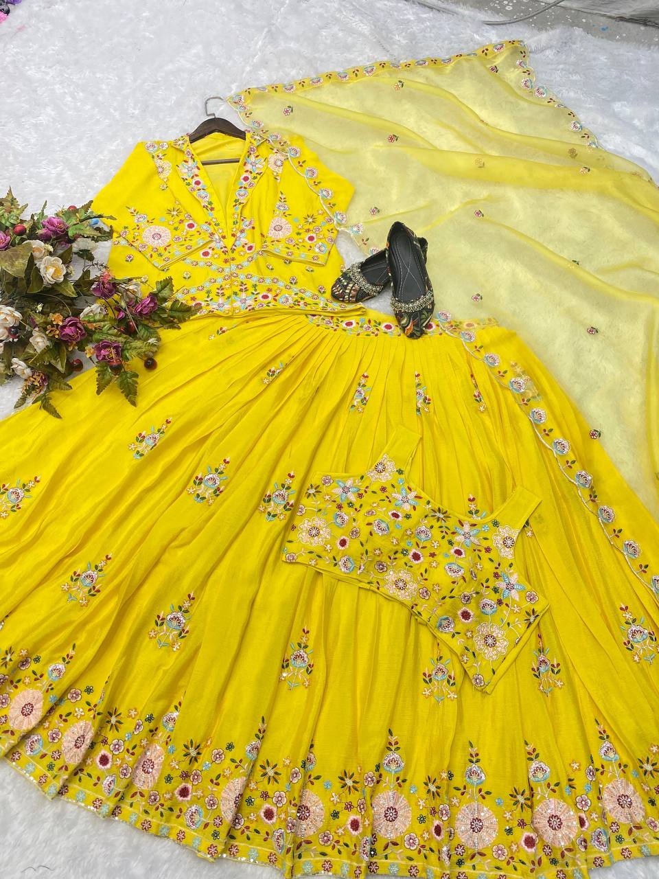 DESIGNER WESTERN STYLE CHINON CO-ORD SET WITH MULTI-THREAD SEQUINS BLAZER, TUBE CHOLI, HEAVY FLAIR SHARARA & DUPATTA