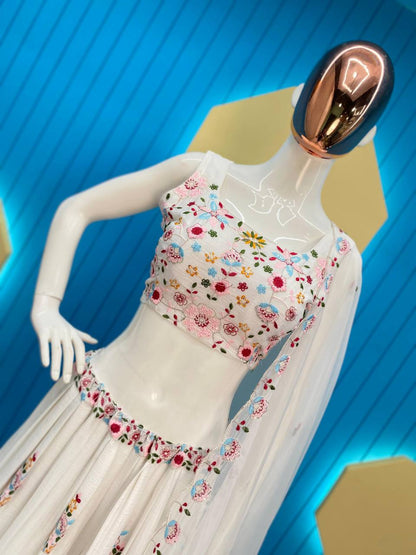DESIGNER WESTERN STYLE CHINON CO-ORD SET WITH MULTI-THREAD SEQUINS BLAZER, TUBE CHOLI, HEAVY FLAIR SHARARA & DUPATTA