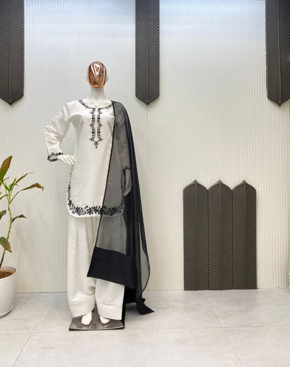 DESIGNER EXCLUSIVE FARSI SALWAR SUIT IN ROMAN SILK WITH ORGANZA DUPATTA