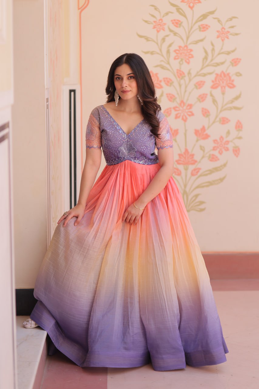 ELEGANT GOLD CRUSH GOWN WITH BEADS EMBROIDERY – PERFECT FOR OCCASIONS