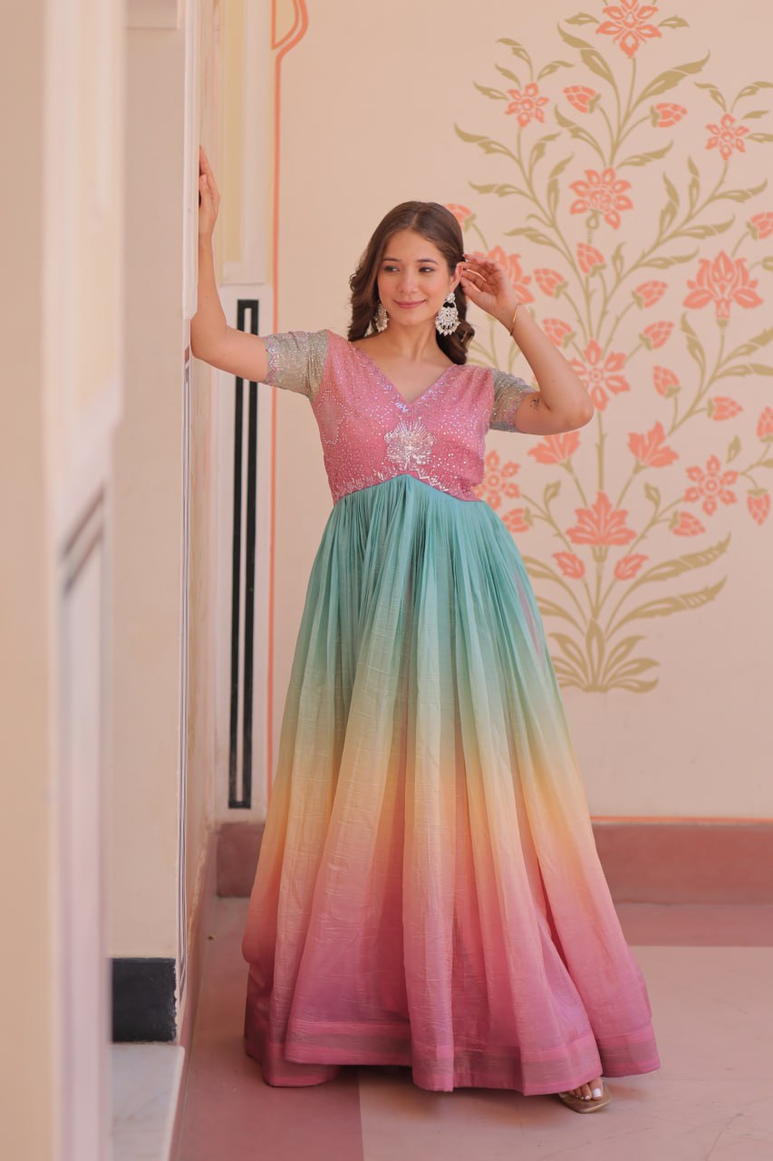 ELEGANT GOLD CRUSH GOWN WITH BEADS EMBROIDERY – PERFECT FOR OCCASIONS