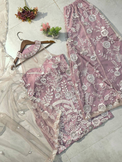 TRENDING HALTER NECK KURTA & PLAZZO SET WITH DUPATTA IN BUTTERFLY NET