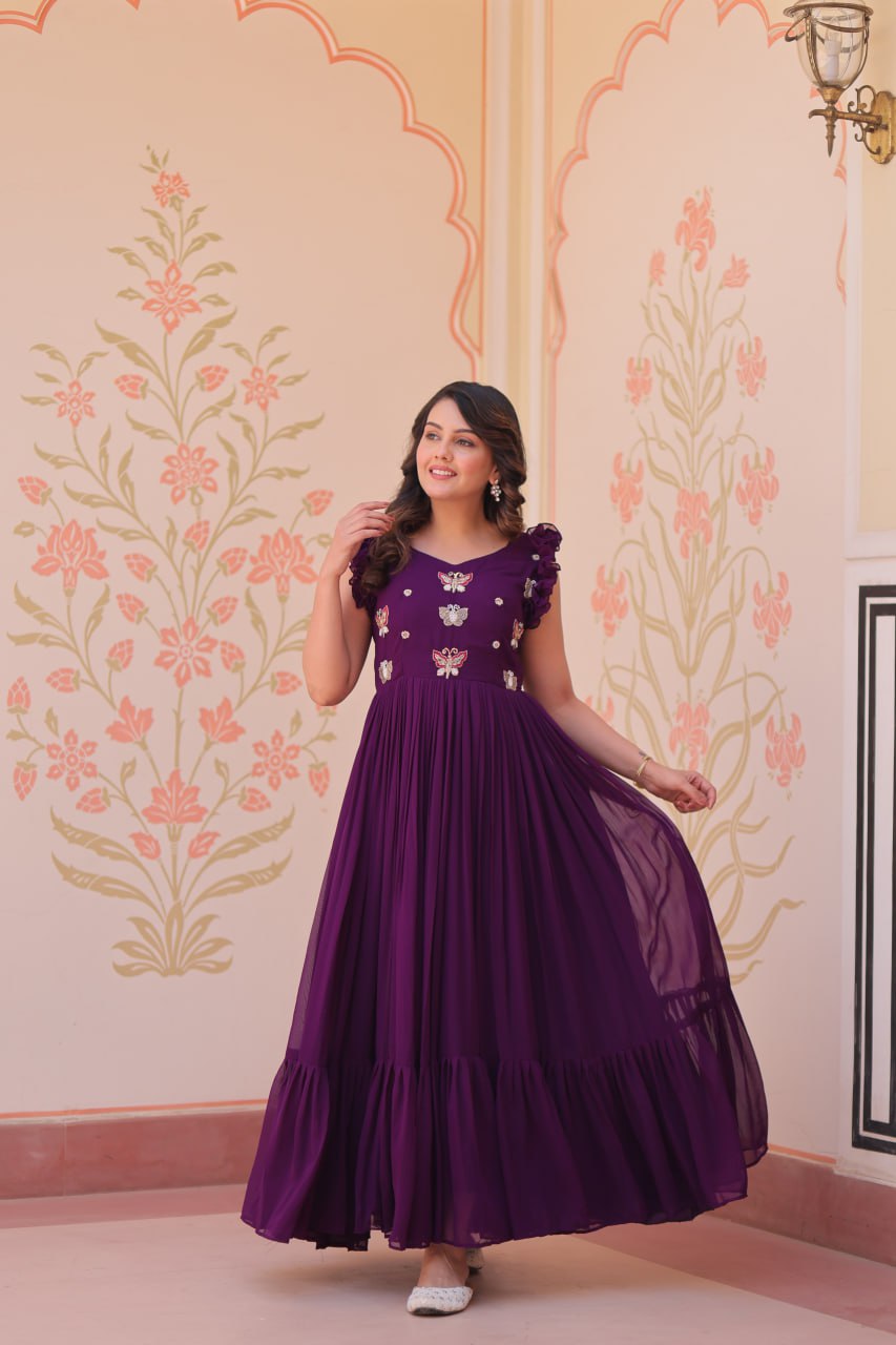 STUNNING FAUX BLOOMING GOWN WITH SEQUINS & MULTITHREADED BEADS EMBROIDERY
