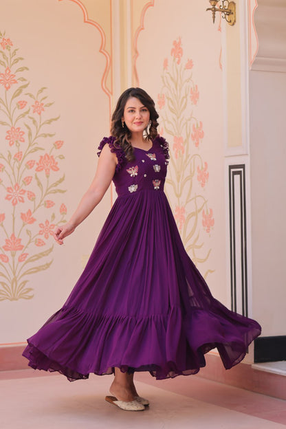 STUNNING FAUX BLOOMING GOWN WITH SEQUINS & MULTITHREADED BEADS EMBROIDERY