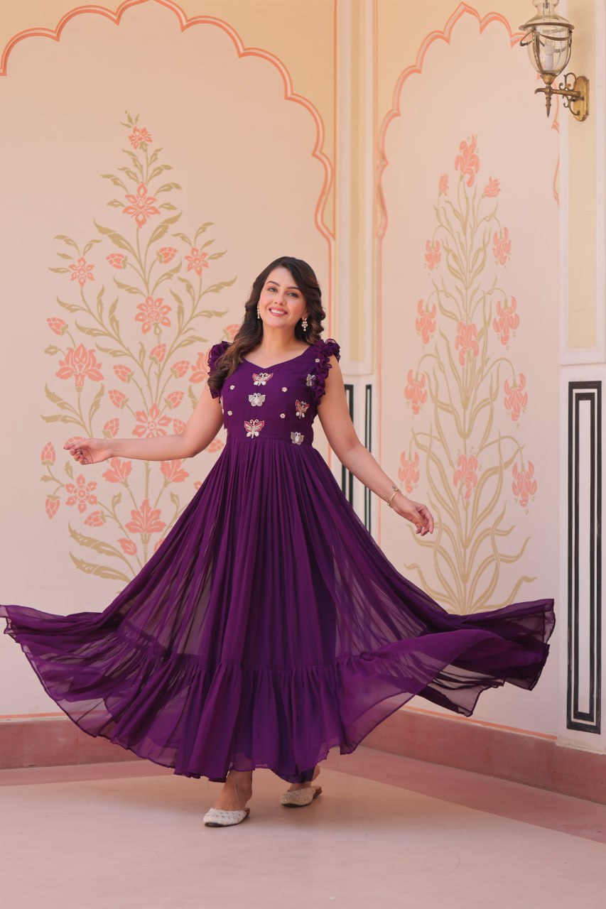 STUNNING FAUX BLOOMING GOWN WITH SEQUINS & MULTITHREADED BEADS EMBROIDERY