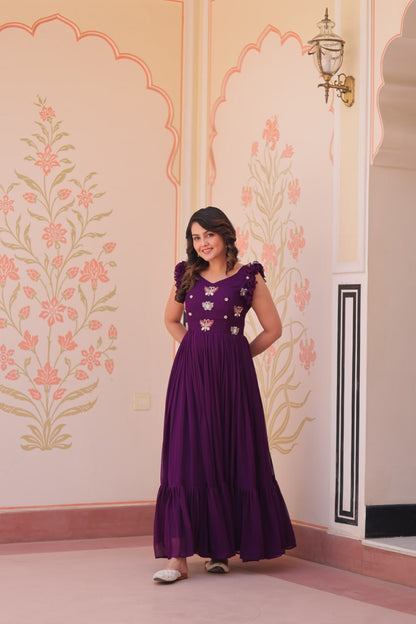 STUNNING FAUX BLOOMING GOWN WITH SEQUINS & MULTITHREADED BEADS EMBROIDERY