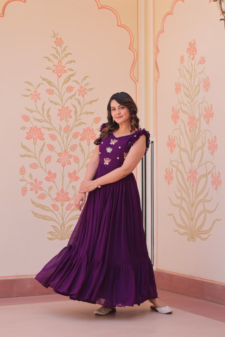 STUNNING FAUX BLOOMING GOWN WITH SEQUINS & MULTITHREADED BEADS EMBROIDERY