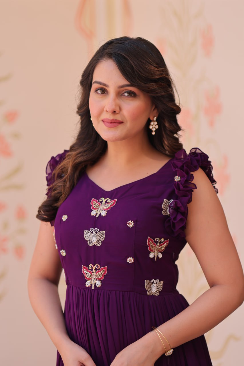 STUNNING FAUX BLOOMING GOWN WITH SEQUINS & MULTITHREADED BEADS EMBROIDERY
