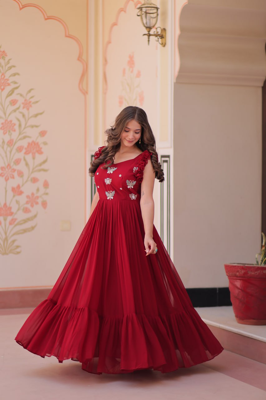 STUNNING FAUX BLOOMING GOWN WITH SEQUINS & MULTITHREADED BEADS EMBROIDERY