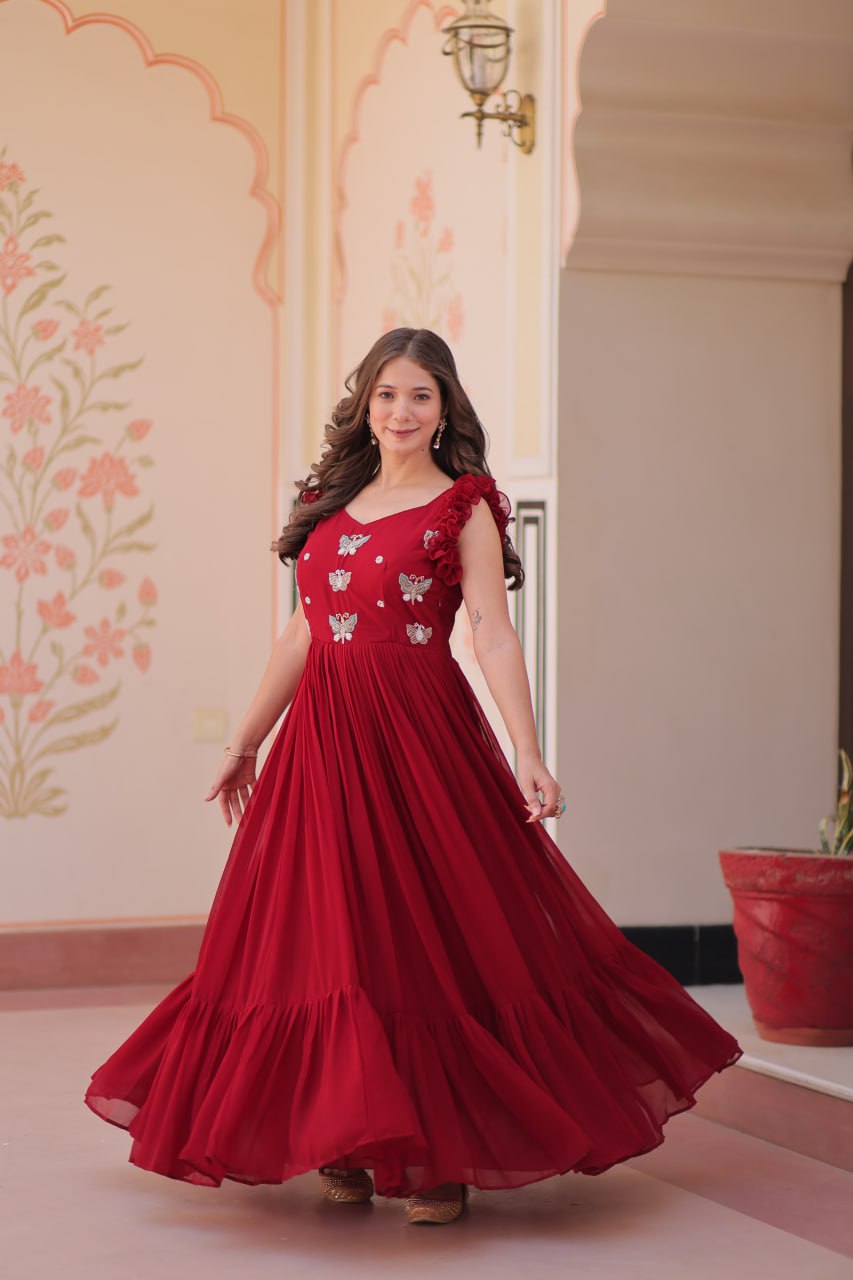 STUNNING FAUX BLOOMING GOWN WITH SEQUINS & MULTITHREADED BEADS EMBROIDERY