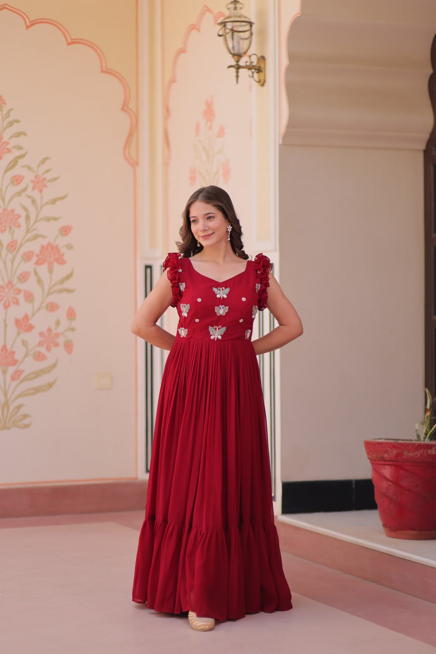 STUNNING FAUX BLOOMING GOWN WITH SEQUINS & MULTITHREADED BEADS EMBROIDERY