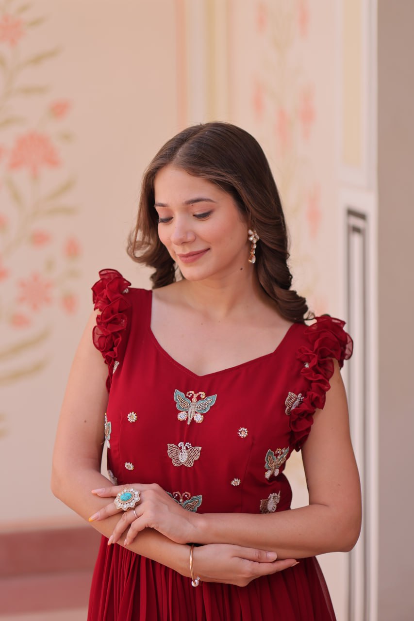 STUNNING FAUX BLOOMING GOWN WITH SEQUINS & MULTITHREADED BEADS EMBROIDERY