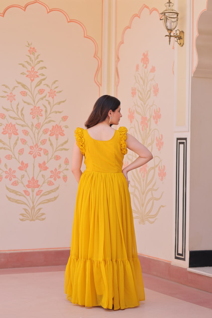 STUNNING FAUX BLOOMING GOWN WITH SEQUINS & MULTITHREADED BEADS EMBROIDERY