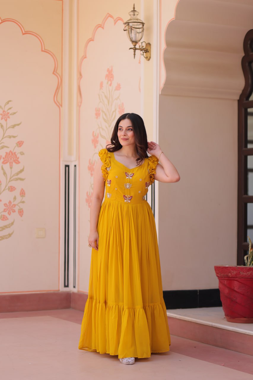 STUNNING FAUX BLOOMING GOWN WITH SEQUINS & MULTITHREADED BEADS EMBROIDERY