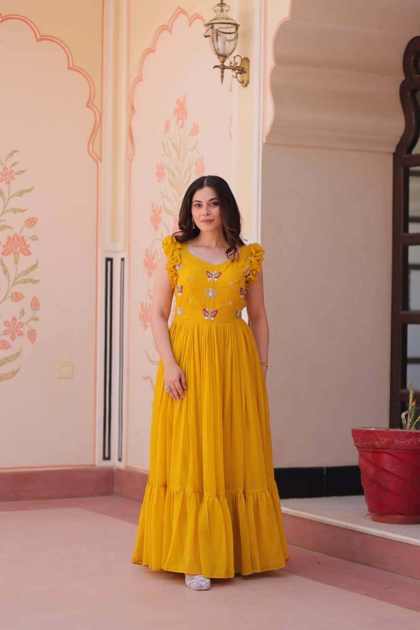 STUNNING FAUX BLOOMING GOWN WITH SEQUINS & MULTITHREADED BEADS EMBROIDERY