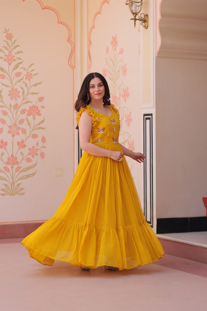 STUNNING FAUX BLOOMING GOWN WITH SEQUINS & MULTITHREADED BEADS EMBROIDERY