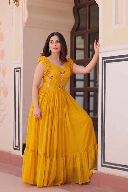 STUNNING FAUX BLOOMING GOWN WITH SEQUINS & MULTITHREADED BEADS EMBROIDERY