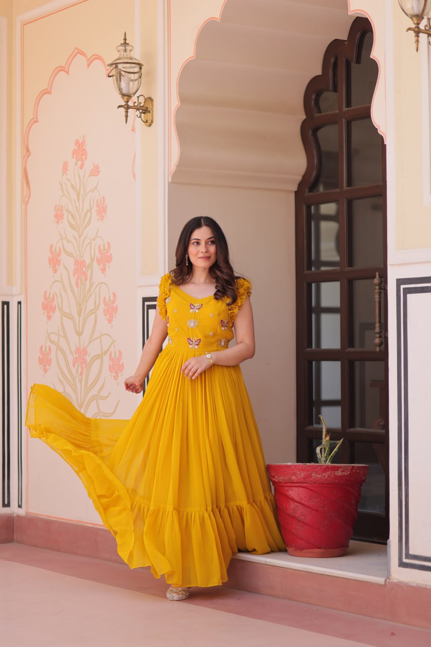 STUNNING FAUX BLOOMING GOWN WITH SEQUINS & MULTITHREADED BEADS EMBROIDERY