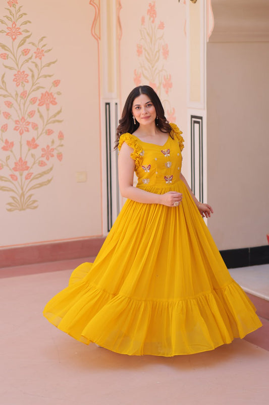 STUNNING FAUX BLOOMING GOWN WITH SEQUINS & MULTITHREADED BEADS EMBROIDERY