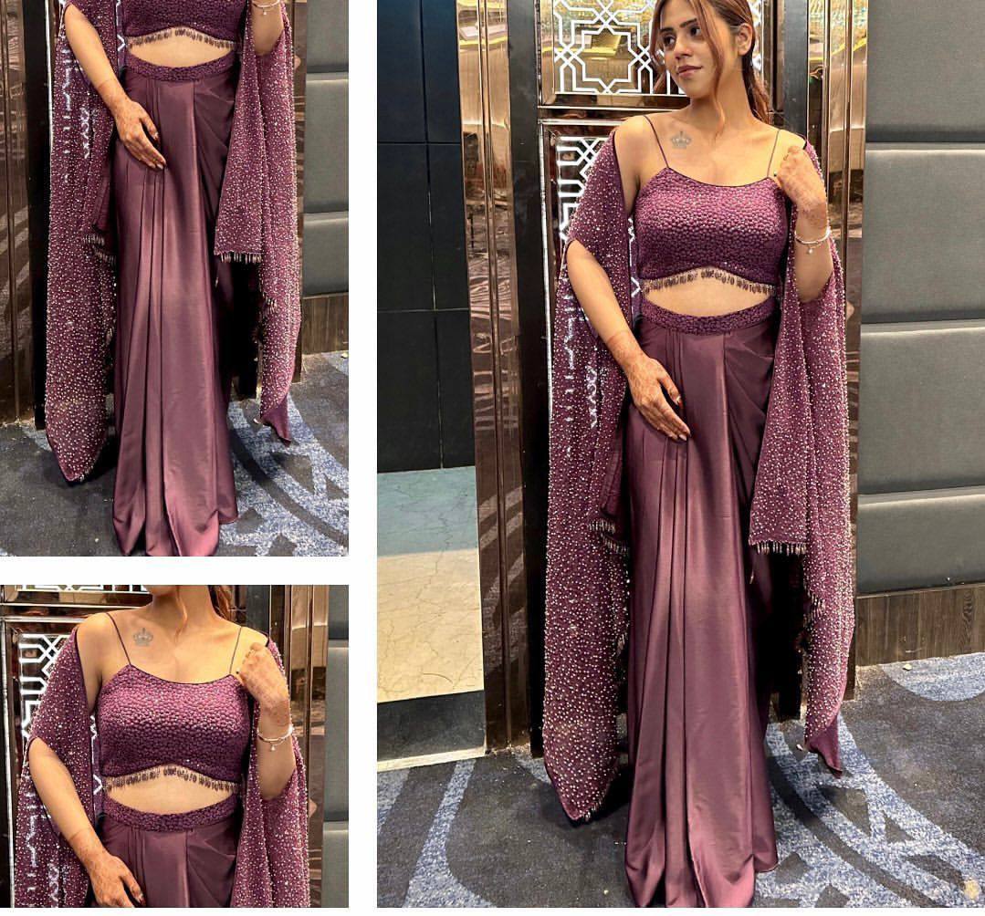 DESIGNER FANCY WESTERN STYLE RANGOLI SILK CO-ORD SET WITH SHRUG, TUBE CHOLI & DRAPED SKIRT