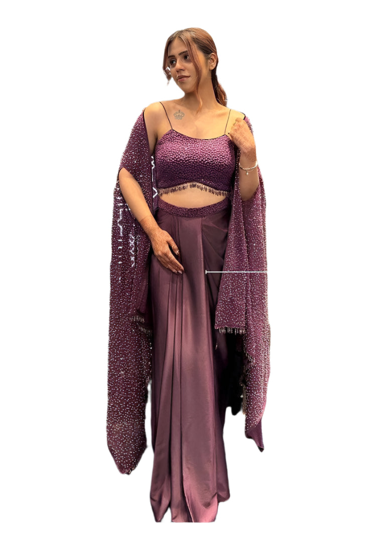 DESIGNER FANCY WESTERN STYLE RANGOLI SILK CO-ORD SET WITH SHRUG, TUBE CHOLI & DRAPED SKIRT