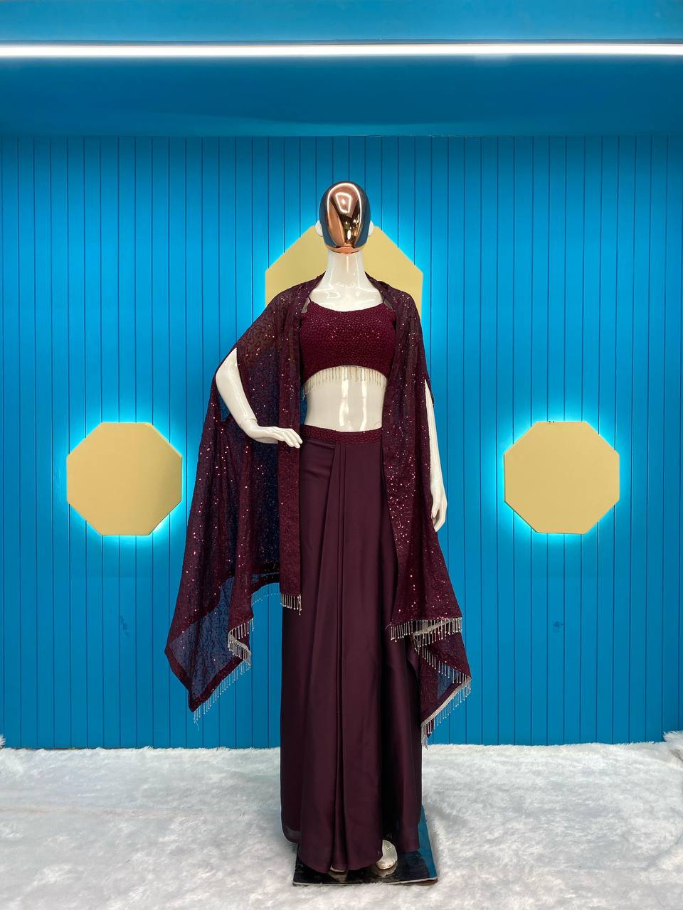 DESIGNER FANCY WESTERN STYLE RANGOLI SILK CO-ORD SET WITH SHRUG, TUBE CHOLI & DRAPED SKIRT
