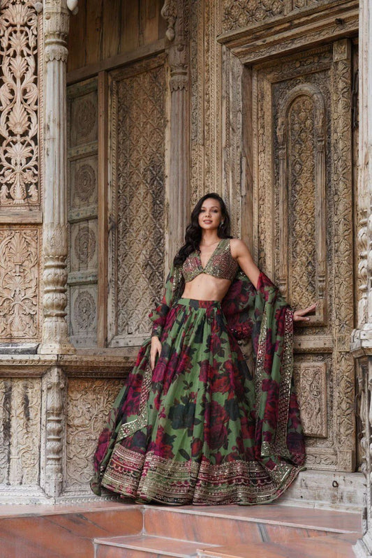 ELEGANT TABBY ORGANZA DIGITAL PRINT LEHENGA SET WITH THREAD AND SEQUIN WORK