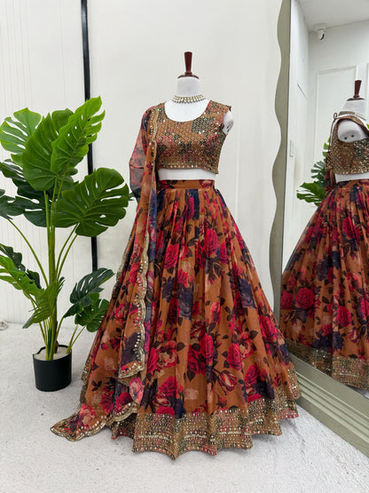 ELEGANT TABBY ORGANZA DIGITAL PRINT LEHENGA SET WITH THREAD AND SEQUIN WORK
