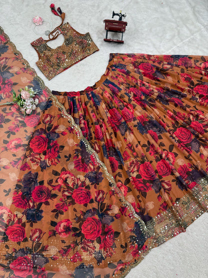 ELEGANT TABBY ORGANZA DIGITAL PRINT LEHENGA SET WITH THREAD AND SEQUIN WORK
