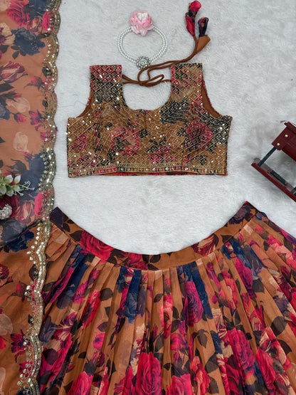 ELEGANT TABBY ORGANZA DIGITAL PRINT LEHENGA SET WITH THREAD AND SEQUIN WORK
