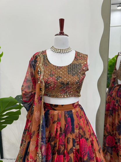 ELEGANT TABBY ORGANZA DIGITAL PRINT LEHENGA SET WITH THREAD AND SEQUIN WORK