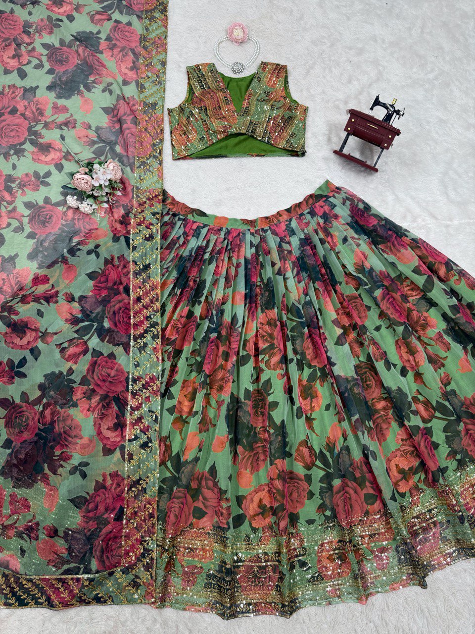 ELEGANT TABBY ORGANZA DIGITAL PRINT LEHENGA SET WITH THREAD AND SEQUIN WORK