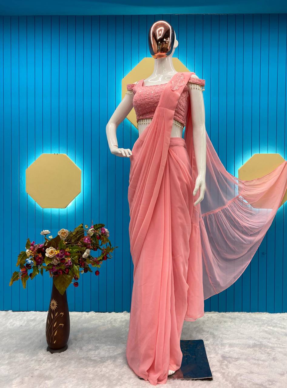 TRENDING STYLE: READY-TO-WEAR FAUX GEORGETTE SEQUINS PATCH WORK SAREE SET