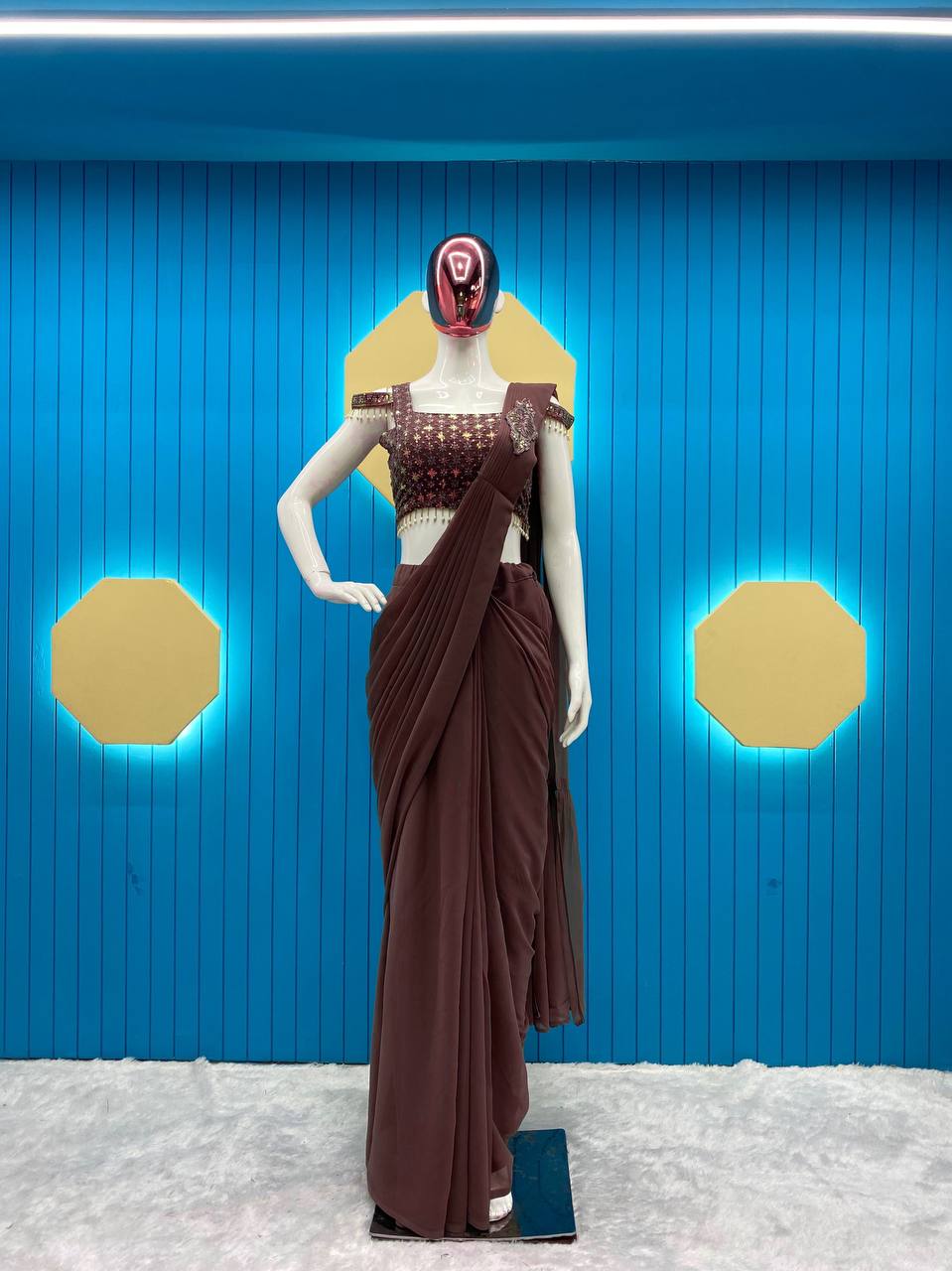 TRENDING STYLE: READY-TO-WEAR FAUX GEORGETTE SEQUINS PATCH WORK SAREE SET
