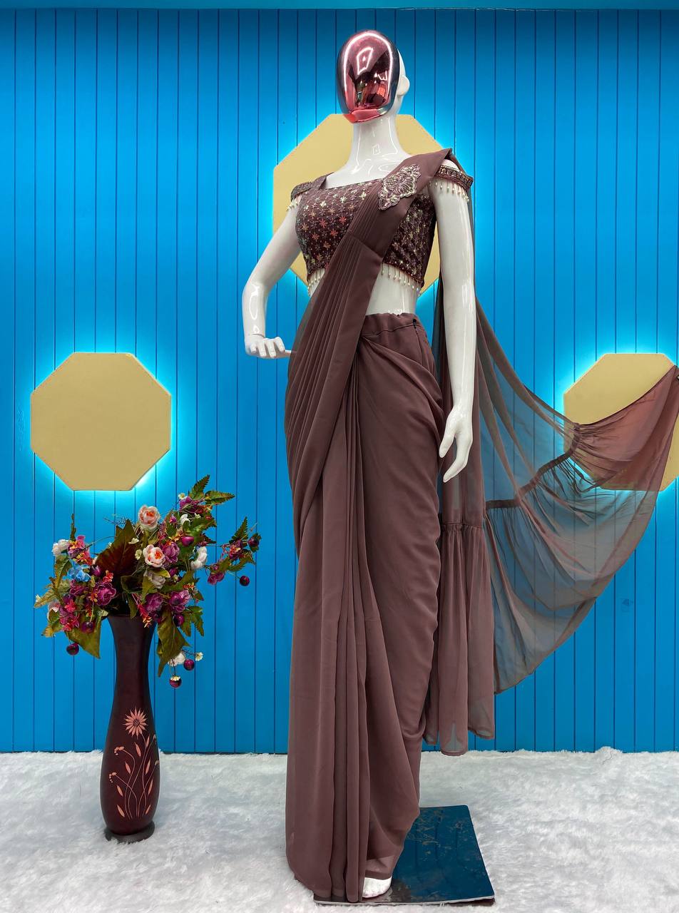 TRENDING STYLE: READY-TO-WEAR FAUX GEORGETTE SEQUINS PATCH WORK SAREE SET