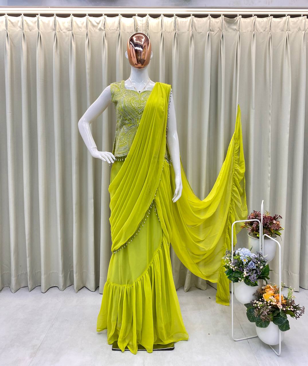 NEW READY-TO-WEAR LEHENGA SAREE WITH SLEEVELESS BLOUSE – CORDING SEQUENCE EMBROIDERY