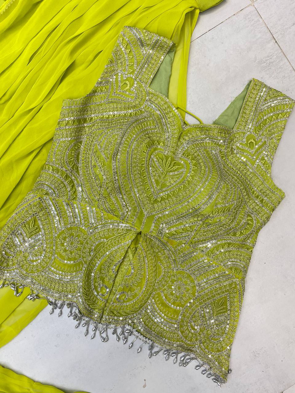 NEW READY-TO-WEAR LEHENGA SAREE WITH SLEEVELESS BLOUSE – CORDING SEQUENCE EMBROIDERY